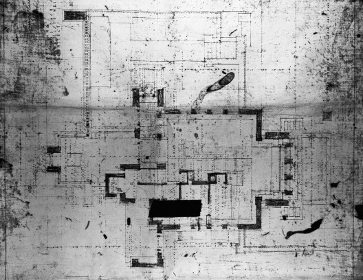 Emil Bach House, planta primeiro pavimento, oeste e oeste, North Sheridan Road, Chicago, Estados Unidos, 1915. Arquiteto Frank Lloyd Wright<br />Desenho original  [Library of Congress / U.S. Government]