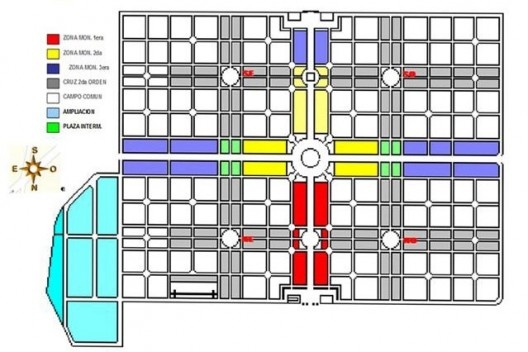 Representación de la planta urbana del Cementerio Cristóbal Colón de La Habana, con la ampliación hacia el este. [Cortesía del Dr. Arq. Sergio Ferro Cisneros, cedida la imagen a la autora.]