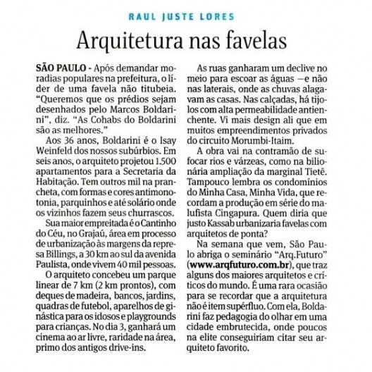 Artigo de Raul Juste Lores sobre projeto de reurbanização de favela, publicado no caderno Cotidiano do jornal Folha de S.Paulo<br />Imagem divulgação 