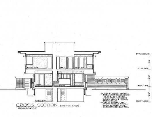 Emil Bach House, corte, North Sheridan Road, Chicago, Estados Unidos, 1915. Arquiteto Frank Lloyd Wright
Desenho original
Website U.S. Government<br />Redesenho J. William Rudd, 1965  [Library of Congress / U.S. Government]