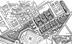 Perspectiva, Hôpital de la Pitié, 1903, Paris (de Justin Rochet). Fonte: FERMAND, C., Les hôpitaux et les cliniques. Paris: Le Moniteur, 1999, p 25