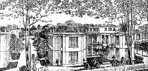 Perspectiva de pavilhões, Cidade-Jardim Hospitalar da Granja Branca, 1911, Lyon (de Toni Garnier). Fonte: FERMAND, C., Les hôpitaux et les cliniques. Paris: Le Moniteur, 1999, p 26