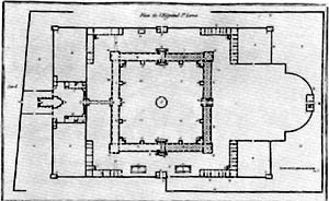 Planta, Hôpital St. Louis, 1788, Paris (de Claude Vellefaux). Fonte: FERMAND, C., Les hôpitaux et les cliniques. Paris, Le Moniteur, 1999, p 19