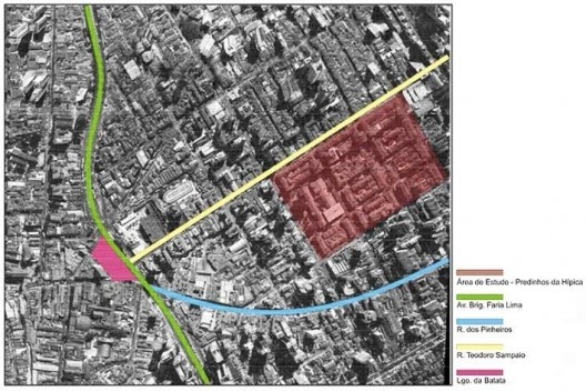 Localização do Conjunto da Hípica. Principais vias de acesso e referência ao “Largo da Batata” [Adaptado do Google Earth – 09/2005]