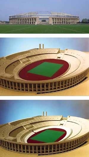 Olympiastadion, Berlim. NGM Architekten (Nedelykov Granz Moreira), 1998. Vista da cobertura, maquete com os níveis de Atletismo e Futebol