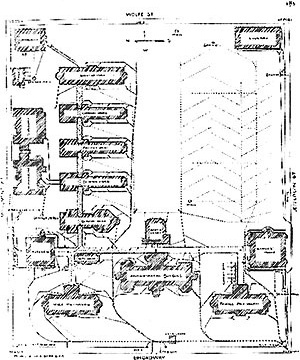 Johns Hopkins Hospital, Baltimore (1885), implantação [THOMPSON, J. D. & GOLDIN, G.. The hospital: a social and architectural history. New Haven:]