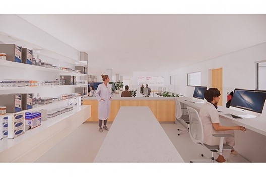 Views of the long-term project for the pharmacy at the University Hospital of USP, São Paulo SP<br />Drawing by Luíza Carneiro de Oliveira 