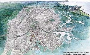 Operação Urbana Vila Sônia. Plano-Referência de Intervenção e Ordenação Urbanística. Posição e inserção metropolitana.<br />Desenho V. Keating 