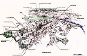 Operação Urbana Vila Sônia. Plano-Referência de Intervenção e Ordenação Urbanística. Vvista geral<br />Desenho V. Keating 