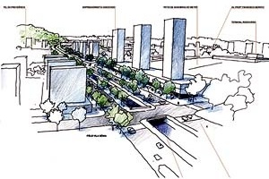 Operação Urbana Vila Sônia. Plano-Referência de Intervenção e Ordenação Urbanística. Pólo Vila Sônia: perspectiva do complexo terciário<br />Desenho V. Keating 