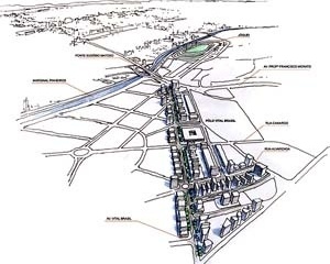 Operação Urbana Vila Sônia. Plano-Referência de Intervenção e Ordenação Urbanística. Pólo Vital Brasil: perspectiva do conjunto<br />Desenho V. Keating 