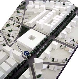 Operação Urbana Vila Sônia. Plano-Referência de Intervenção e Ordenação Urbanística. Pólo Vital Brasil: maquete do área da nova estação e complexo comercial