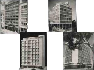 Figura 1: Realizações arquitetônicas no centro de Salvador na década de 1950. Da esquerda para a direita, de cima para baixo: Edifício BANEB, de Paulo Antunes; Edifício IPASE, de Diógenes Rebouças; Edifício Castro Alves, de Diógenes Rebouças; e Edifício C [PREFEITURA MUNICIPAL DA CIDADE DO SALVADOR. Cidade do Salvador. São Paulo: Habitat, 1954.]