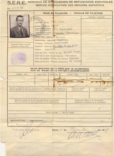 Hoja de Filiación del Servicio de Evacuación de Refugiados Españoles. Óscar Coll Alas. Aude (1939) [Archivo Coll Lebedeff]