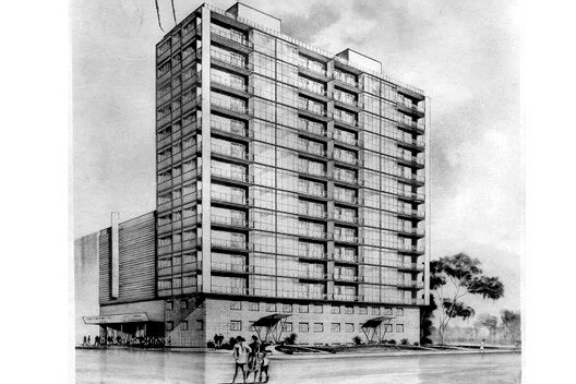 Ilustração do projeto de Giancarlo Palanti para o Cine Trianon (atual Cine Belas Artes) e os edifícios Chipre e Gibraltar, São Paulo<br />Autoria da perspectiva artística não identificada  [Arquivo Giancarlo Palanti, Biblioteca da FAU-USP]