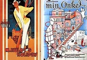  Monsieur Hulot em dois cartazes. À direita, contraste entre o flat de Hulot e a casa de seu sobrinho