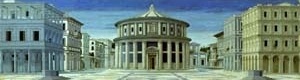 Piero della Francesca, Perspectiva de uma Praça, pintado por volta de 1470 [ROWE, Colin. Manierismo y arquitectura moderna y otros ensayos. Gustavo Gili, 1978]