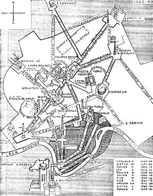 Papa Sixto V, Plano Regulador para Roma, 1585-1590. Ilustração mostrando o núcleo medieval, as muralhas Aurelianas, as vias traçadas no Renascimento e as vias traçadas por Sixto V