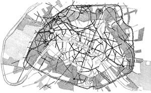 Georges Eugène Haussmann, Plano para Paris, 1851-1870. Plano indicando as novas ruas, os novos bairros e os dois grandes parques Bois de Boulogne e Bois de Vincennes [BENÉVOLO, Leonardo. A história da cidade. São Paulo, Perspectiva, 1983]