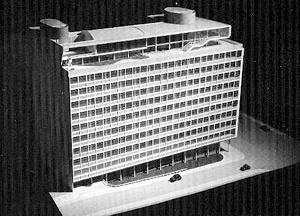 Maquete do primeiro projeto para o Edifício-sede das VFRGS (1944) [CZAJKOWSKI, Jorge (org.). Jorge Machado Moreira. Rio de Janeiro, Centro de Arquitetura e Urbanismo da Cidade do Rio de Janeiro, 1999, p. 108]