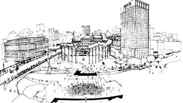 Croqui. Projeto vencedor do Concurso de reurbanização do Vale do Anhangabaú<br />Arquitetos Jorge Wilheim, Rosa Kliass e Jamil Kfouri 