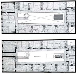 Cortiço da rua Senador Pompeu, cidade do Rio de Janeiro, plantas do primeiro pavimento e térreo. Adaptado de PREFEITURA DA CIDADE DO RIO DE JANEIRO / SECRETARIA MUNICIPAL DE HABITAÇÃO. Novas alternativas: projetos e propostas habitacionais para o Rio de J