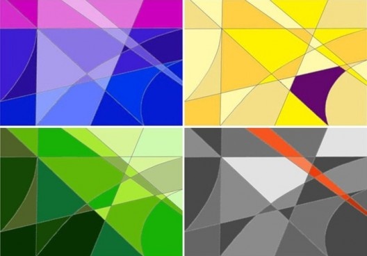 A interferência das áreas coloridas altera a percepção visual do campo. As áreas aproximam-se, fundem-se, complementam-se ou se opõem, determinando novas configurações que fortalecem ou diluem a ordem linear anterior<br />Desenhos de alunos  [FAU Mackenzie]