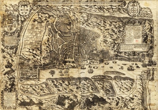 A Ilha e Cidade de Goa[…], gravura de Jan Huygen Van Linschoten executada pelo gravador B. Van Doetechum em 1595 [Biblioteca Nacional de Lisboa]