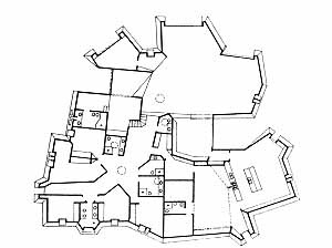 Planta da Residência Sérgio Lunardelli, arquiteto Eduardo Longo, 1964. A planta segue uma lógica muito particular na obra de Eduardo Longo, que a partir dessa, faria diversas outras casas no Guarujá [Revista AU. Junho/Julho de 1987, p. 48.]