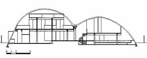 Corte da Residência Melanie Farkas, arquiteto Rodrigo Lefèvre, 1971. No corte observam-se as possibilidades de arranjo espacial proporcionado pela abóbada<br />Desenho Maurício Azenha Dias 