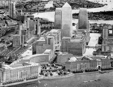 Figura 4 – O mega-projeto de 1988 para Cannary Wharf, London Docklands. Urbanismo: Skidmore,Owins & Merrill [In Ghirardo, D. 1996]