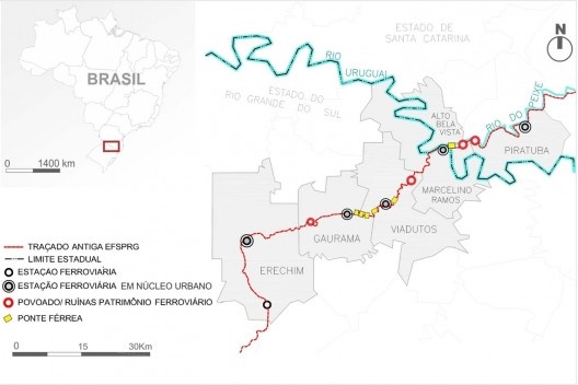 A antiga EFSPRG e o trecho férreo Erechim (RS) – Piratuba (SC)<br />Elaboração dos autores  [Base cartográfica IBGE]