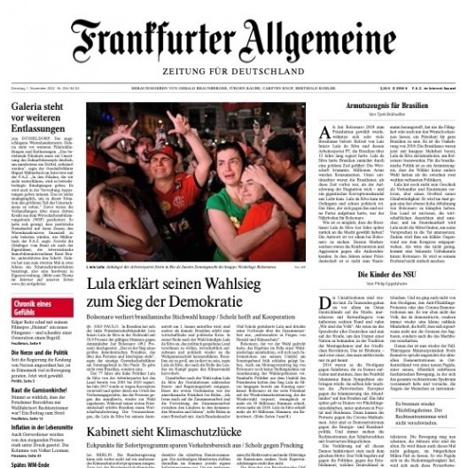 Manchetes de jornais brasileiros e estrangeiros no dia 2 de janeiro de 2023 destacam a posse de Lula ocorrida no dia anterior<br />Imagem divulgação  [Frankfurter Allgemeine]