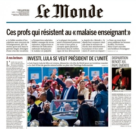 Manchetes de jornais brasileiros e estrangeiros no dia 2 de janeiro de 2023 destacam a posse de Lula ocorrida no dia anterior<br />Imagem divulgação  [Le Monde]