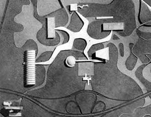 Maquete do projeto original para o Parque do Ibirapuera. 1951  [NIEMEYER, et al. Ante-Projeto da Exposição do IV Centenário de São Paulo. São Paulo, 1952]