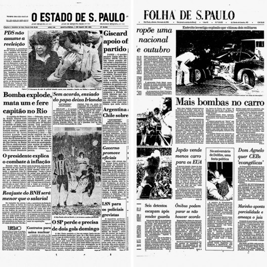 Jornal “O Estado de S.Paulo”, 04 de setembro de 1974 noticia, em 01 de maio de 1981, explosão de bomba em automóvel com militares à frente do Rio Centro; a “Folha de S.Paulo” noticia no dia seguinte a versão oficial do governo militar, que acusa a esquerd<br />Imagem divulgação 