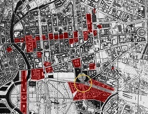 Destacadas as várias intervenções na Berlim central: redesenho da cidade. (no circulo a área da Potsdamer Platz)