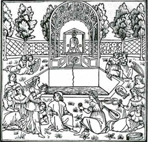 Uma figuração do conceito de giardino segreto (jardim secreto) que ilustrou a obra Hypnerotomachia Poliphili (O sonho de Polifilo), de Francesco Colonna, 1433-1527  [MOSSER, M. ; TEYSSOT, G. The architecture of western gardens. MIT Press, 1991, p. 88]