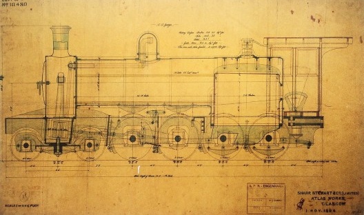 Projeto de locomotiva Sharp Stewart 4-8-0, da Atlas Workss Glasgow, 1894 [RFFSA / In MAZZOCO, Maria Inês; SANTOS, Cecília Rodrigues dos]