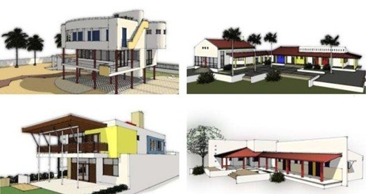 Casa Seixas, 1990; Casa Maciel, 1996; Casa Gilson, 1997; Casa Júlio, 1999. Desenhos de Rui Rocha Jr. a partir de modelo 3D