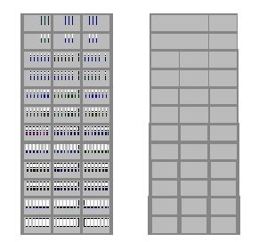 Ilustração do princípio de insolação direta diferenciada com a altura, mediante adição de brises-soleil cada vez maiores (esquerda); e ilustração do princípio de dimensionamento progressivo dos pilares à compressão (direita)