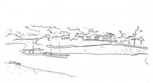 Desenho de Hans Broos do trapiche de desembarque dos colonos, na Zona Histórica de Blumenau, que ele chamava de “alma da cidade” [Arquivo Hans Broos]
