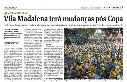 Recorte da página da <i>Folha de S.Paulo</i>, com destaque para torcedores entre as ruas Mourato Coelho e Aspicuelta após jogo do Brasil na Copa do Mundo<br />Imagem divulgação  [<i>Folha de S.Paulo</i>, Caderno Poder, São Paulo, 1 jul. 2014]