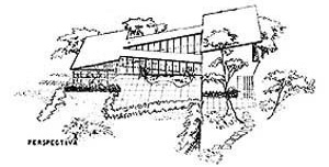 Trabalho de aluno. Disciplina Pequenas Composições de Arquitetura. Revista Arquitetura, Engenharia, Urbanismo, Belas Artes e Decoração, vol. I, 1946, p. 55