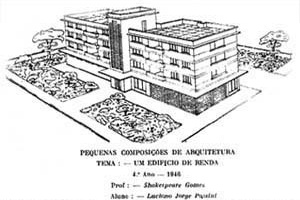 Trabalho de aluno. Disciplina Pequenas Composições de Arquitetura. Revista Arquitetura, Engenharia, Urbanismo, Belas Artes e Decoração, vol. II, 1946, p. 54