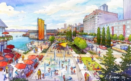 Imagem 6 – Proposta para a Orla Central – a proposta de uma “promenade”. Reintegrar as margens do estuário ao centro da cidade e incentivar pedestres e ciclistas [Seattle’s Central Waterfront Concept Plan, p. 20]