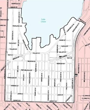 Imagem 8 – “South Lake Union is booming” – o bairro industrial foi acrescido em mais de 1/3 de sua área por aterro advindo das fábricas locais, ainda no século XIX. Atualmente, um dos grandes projetos de revitalização urbana nos EUA, é fruto da pressão im [City of Seattle Comprehensive Plan: Toward a Sustainable Seattle, 2005]
