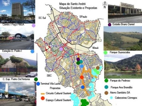 Mapa da Situação Existente e Propostas para Santo André<br />Adaptação e imagens da autora  [Mapa da Prefeitura Municipal de Santo André - Revisão do Plano Diretor]
