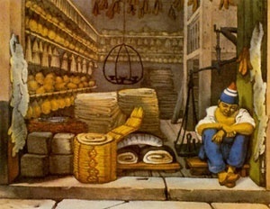 Aquarela de Debret retratando uma armazém de carne seca (chaque)