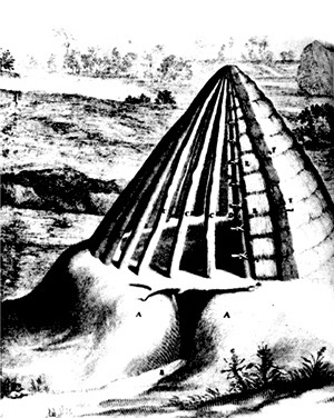 Cabana primitiva, reconstruídas por Claude Perrault a partir da descrição de Vitruvius